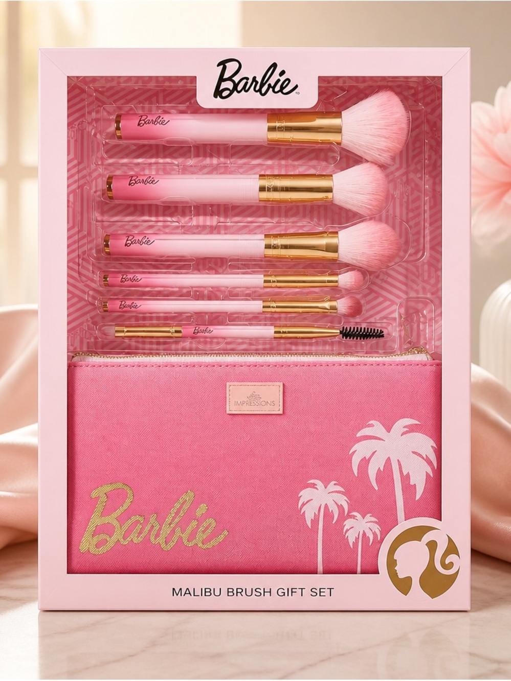 Barbie Malibu 6 Pc Makeup Brush Gift Set w/ Pink Cosmetic Pouch New